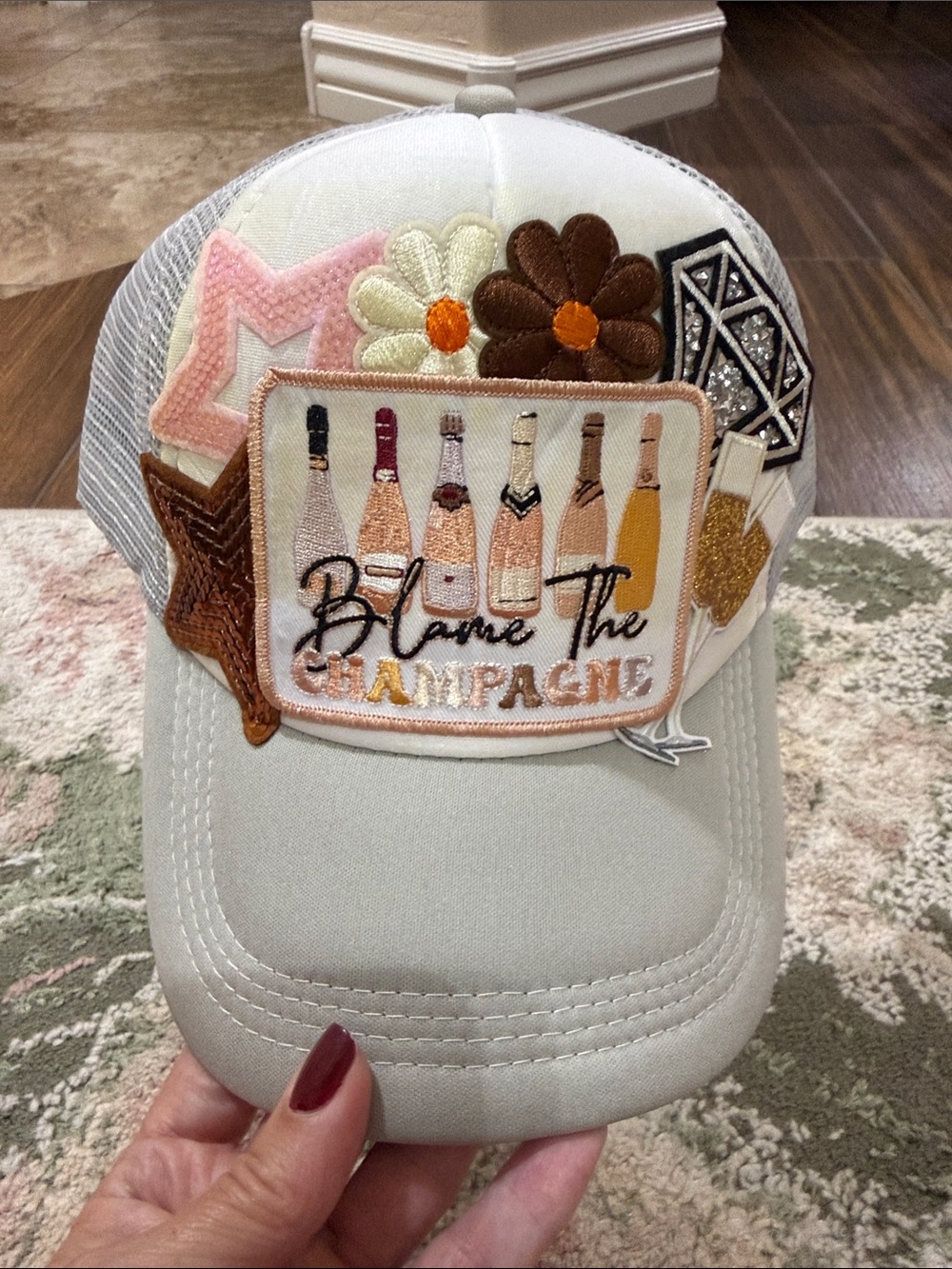 Kids "Blame The Champagne" Embroidered Patch Trucker Hat - White